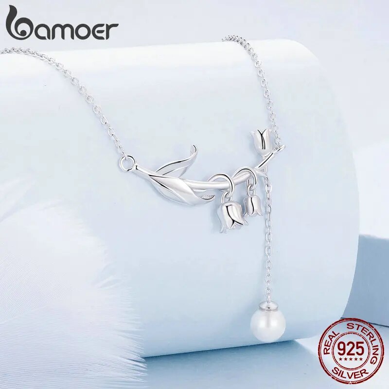 Sterling Silver Shell Pearl Lily of the Valley Pendant Necklace for Women