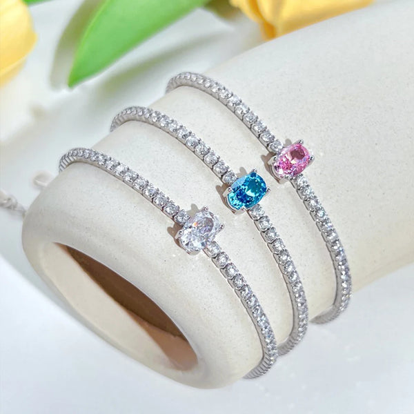 Sterling Silver Tennis Bracelet with Oval Simulated Gemstones for Women