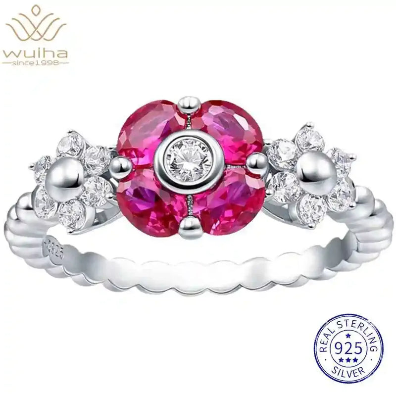 925 Sterling Silver Lab Sapphire Ruby High Carbon Diamonds Gemstone Flower Rings