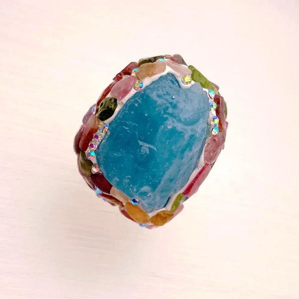 Gold Plated Aquamarine & Tourmaline Rough Handmade Ring For Women