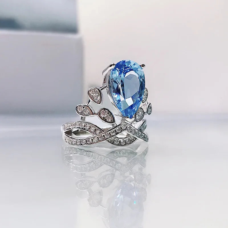 Sterling Silver Blue Topaz Crown Ring for Women