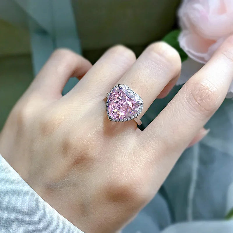 Sterling Silver Pink Diamond Love Shape Ring for Women