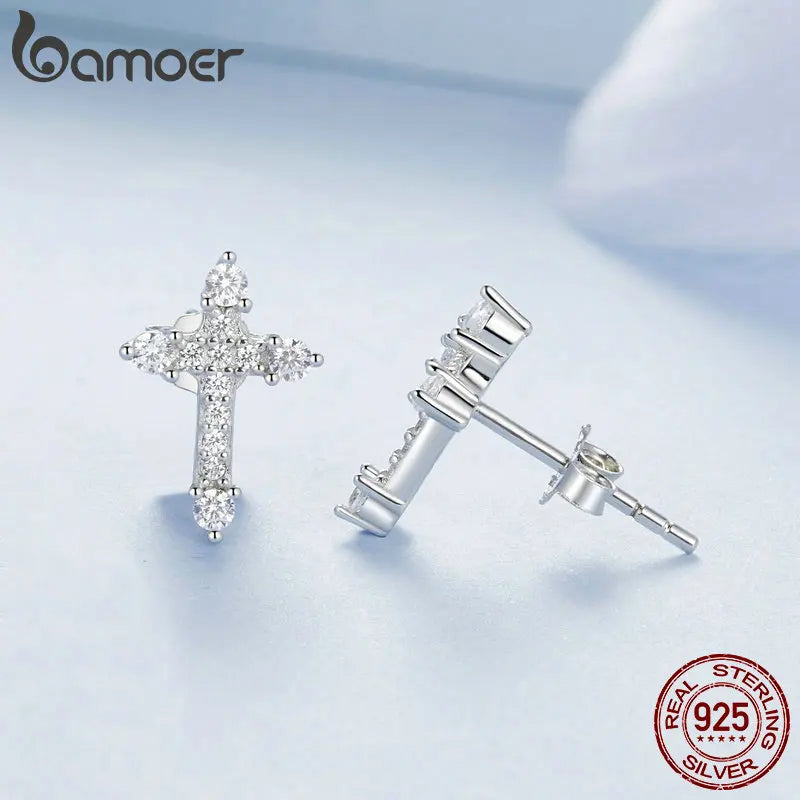 Platinum Plated Sterling Silver Cross Stud Earrings with CZ 925.