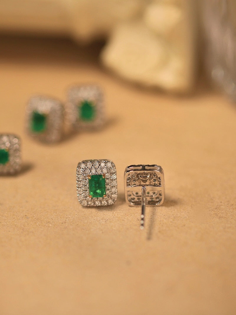 18K White Gold Natural Diamond and Emerald Halo Earrings for Women