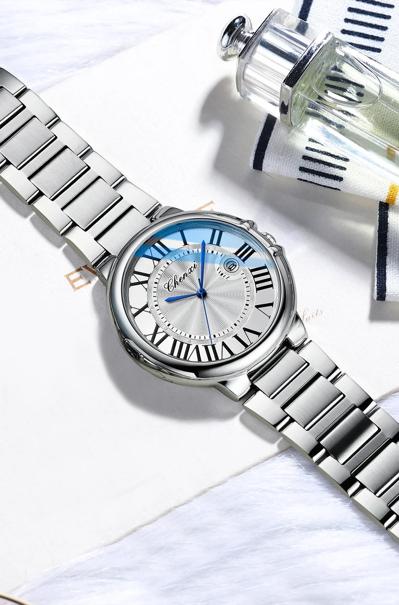 Stainless Steel Silver Waterproof Luminous Quartz Calendar Watch for Men