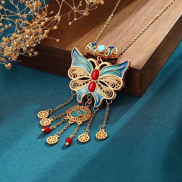 Enamel Bow Tassel Pendant Necklace in Chinese Style for Women