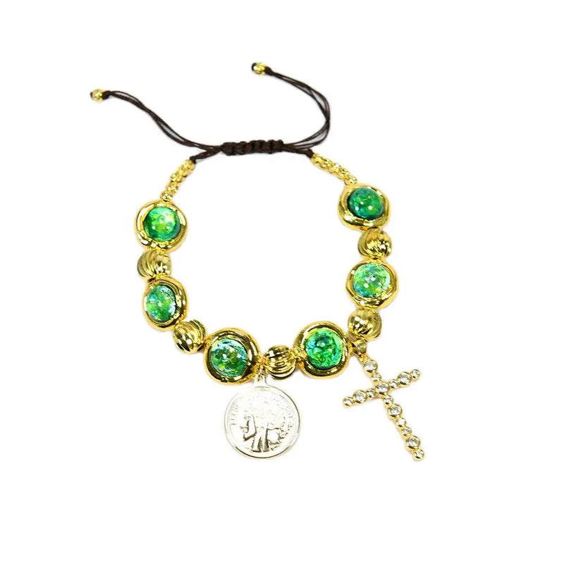 Gold Plated Green Murano Glass Cross & Coin Charm Bracelet for Women