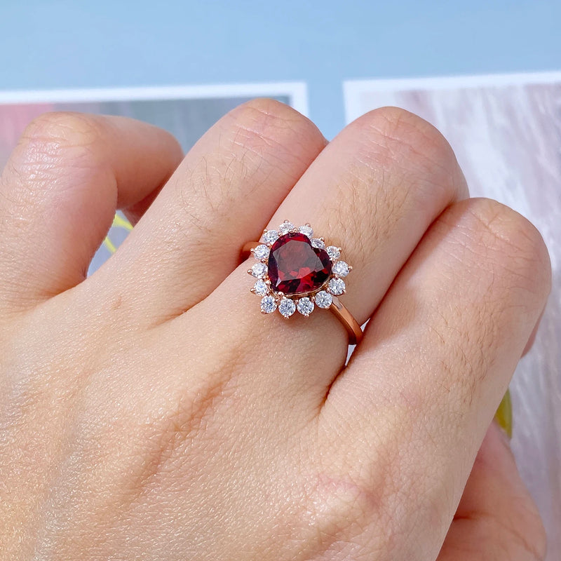 Sterling Silver Natural Red Garnet Heart Ring for Women