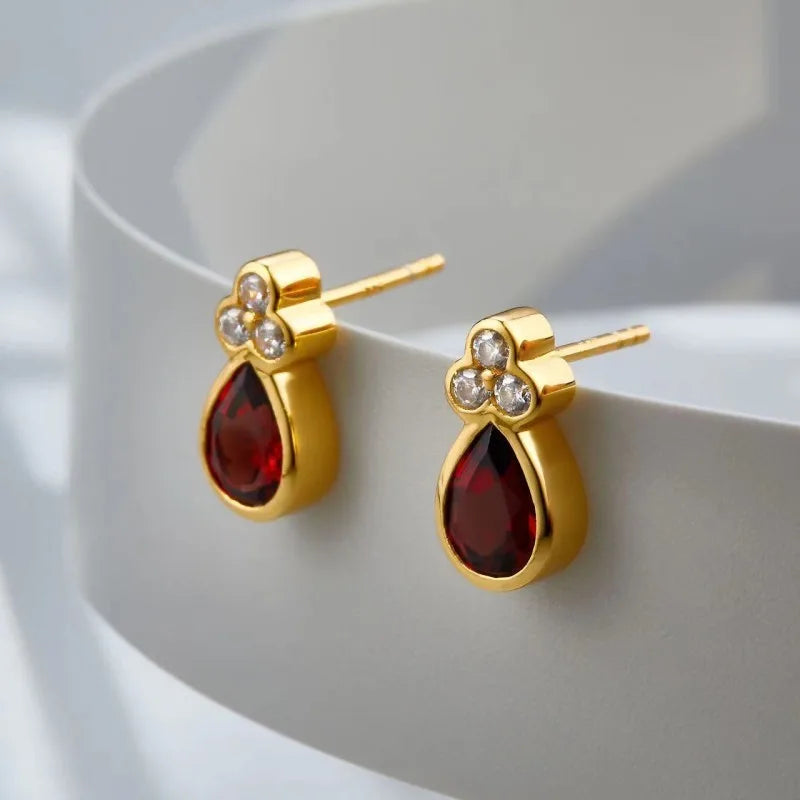 Sterling Silver Gold-Plated Red Garnet Zircon Stud Earrings for Women