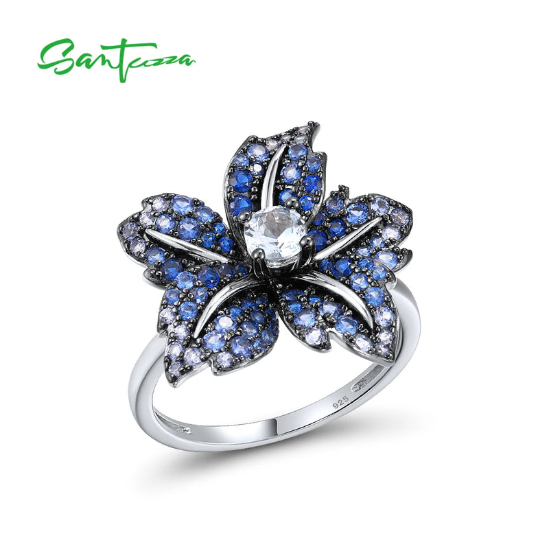 Sterling Silver Blue Pink Stone & CZ Lily Floral Ring for Women