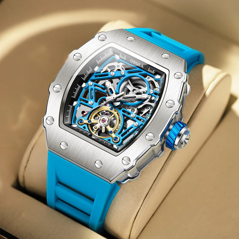 Stainless Steel Silicone Hollow Out Rudder Flywheel Automatic Mechanical Watch for Men