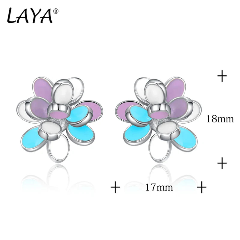 925 Sterling Silver Blue Purple Enamel Flower Stud Earrings for Women