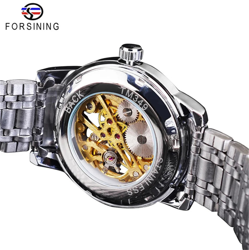 Stainless Steel Mechanical Skeleton Wristwatch for Men