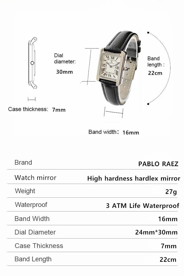 Square Luxury Watch for Women: Top Quality Soft Black Leather Band.