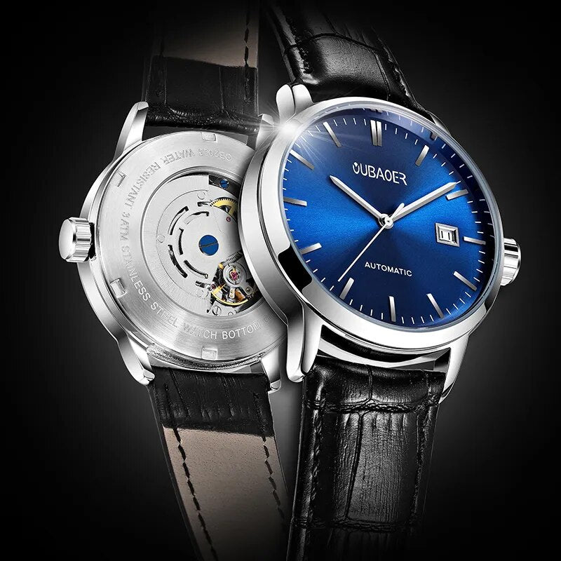 Stainless Steel Leather Strap Automatic Mechanical Wristwatch for Men