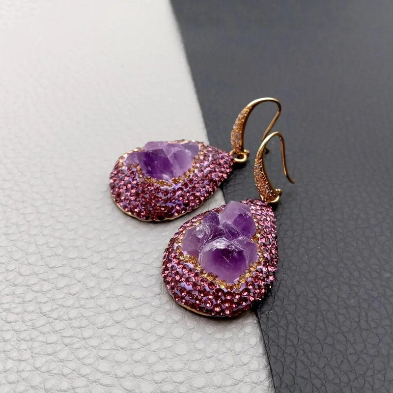 Sterling Silver Amethyst Rough Pave Dangle Earrings for Women