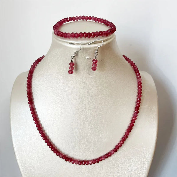 Sterling Silver, Red Ruby Jade Necklace Earrings Bracelet Set for Women