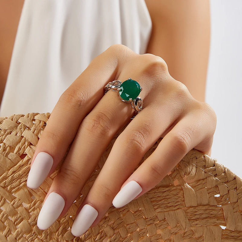 S925 Silver Natural Green Agate Ring for Ladies