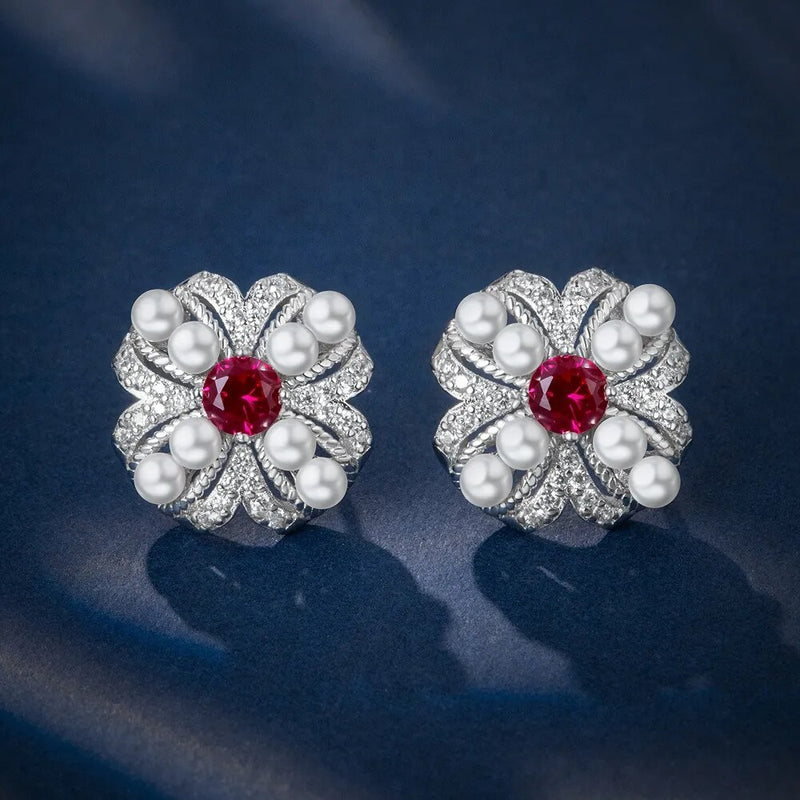 Sterling Silver Sapphire Ruby Pearl Flower Studs Earrings for Women