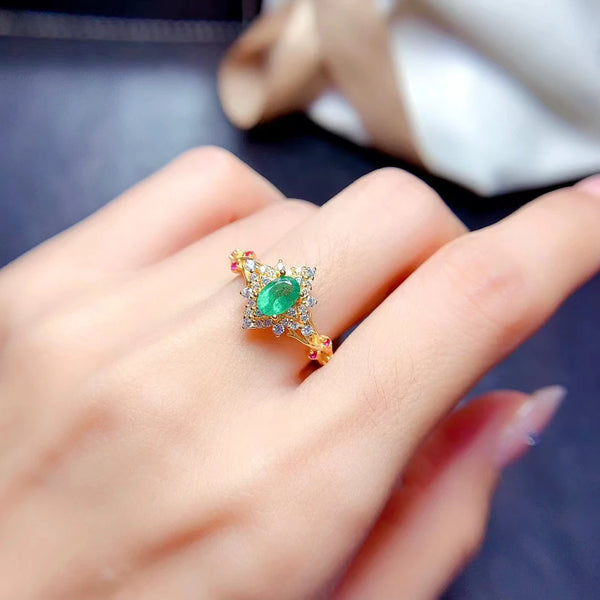 925 Sterling Silver Natural Emerald Ring for Women