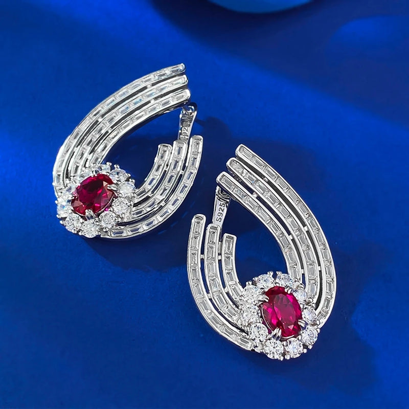 925 Sterling Silver, Oval Cut Sapphire, Emerald, Ruby, High Carbon Diamond Gemstone Earrings