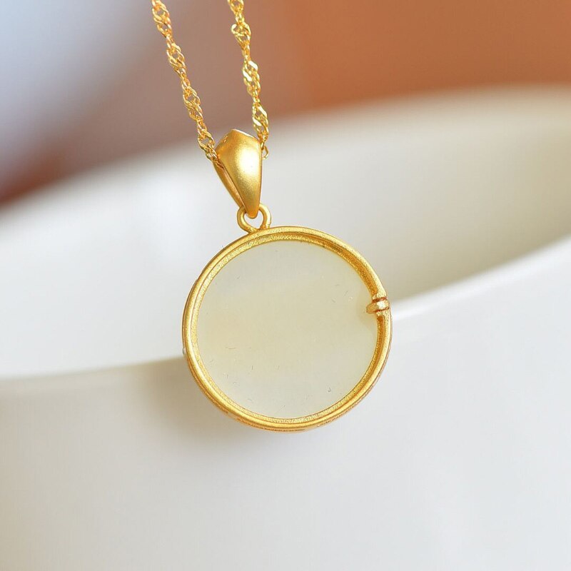 White Jade White Jade Round Necklace Pendant with Enamel Auspicious Cloud for Women