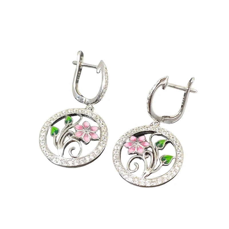 Sterling Silver Round Dangle Flower Earrings for Woman