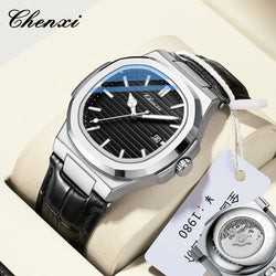 Stainless Steel Leather Luxury Transparent Quartz Watch with Date and Luminous Hands for Men