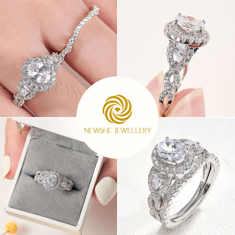 Sterling Silver Pear & Oval Cut CZ Engagement Ring Set for Women