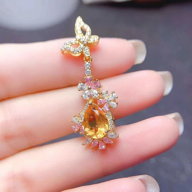 S925 Silver Natural Topaz/Graptolite/Citrine/Olivine Pendant Necklace for Women