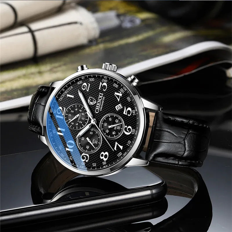 Stainless Steel Leather Chronograph Watch for Men