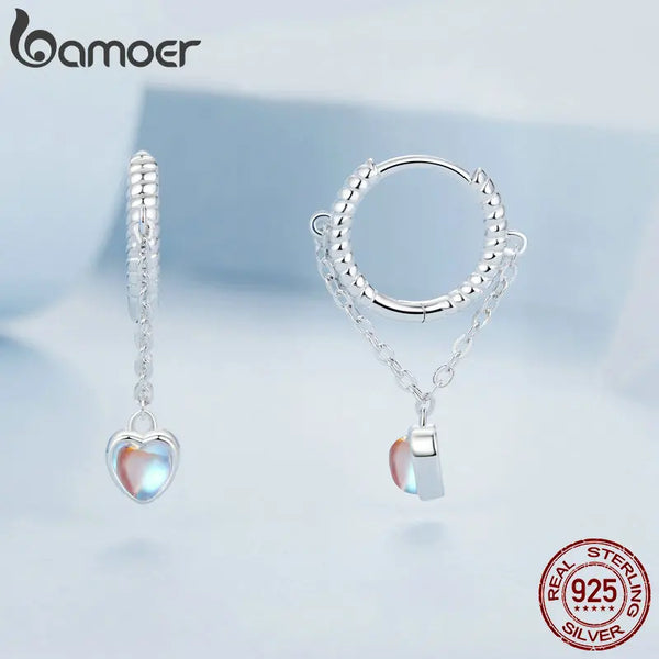 White Gold Plated Sterling Silver Moonstone Drop Huggie Earrings for Women