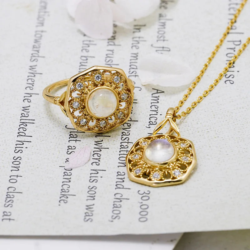 925 Sterling Silver Gold Plated Natural Moonstone Pendant Necklace for Women