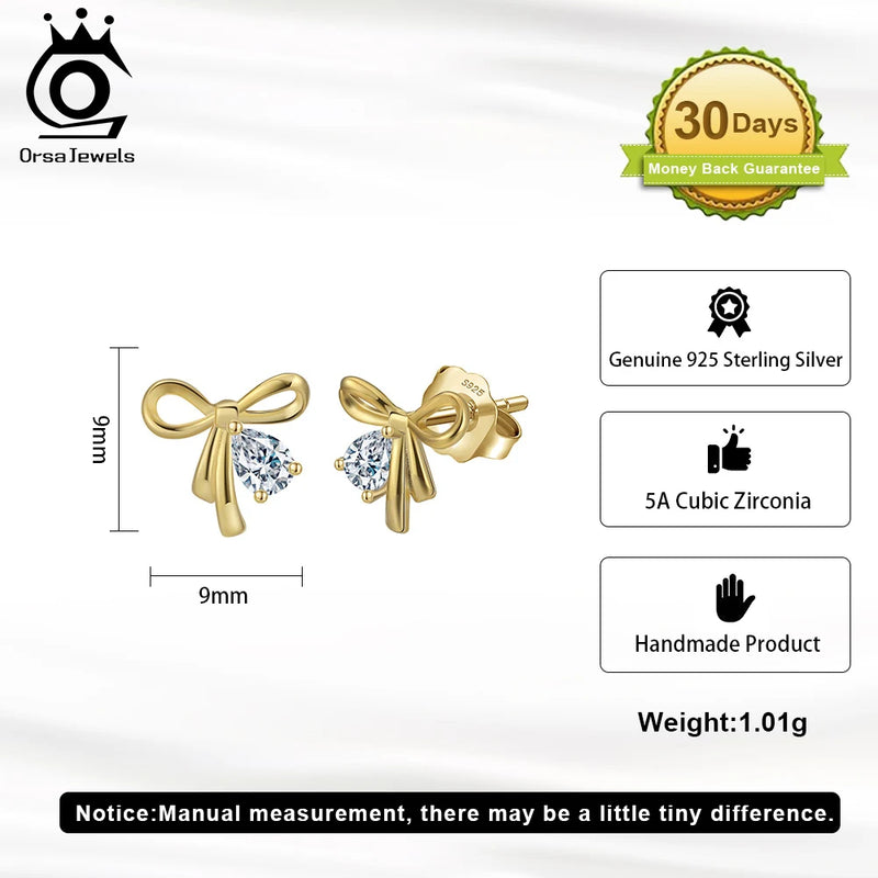 925 Silver Bowknot Stud Earring with Shiny Zircon Pendant for Women