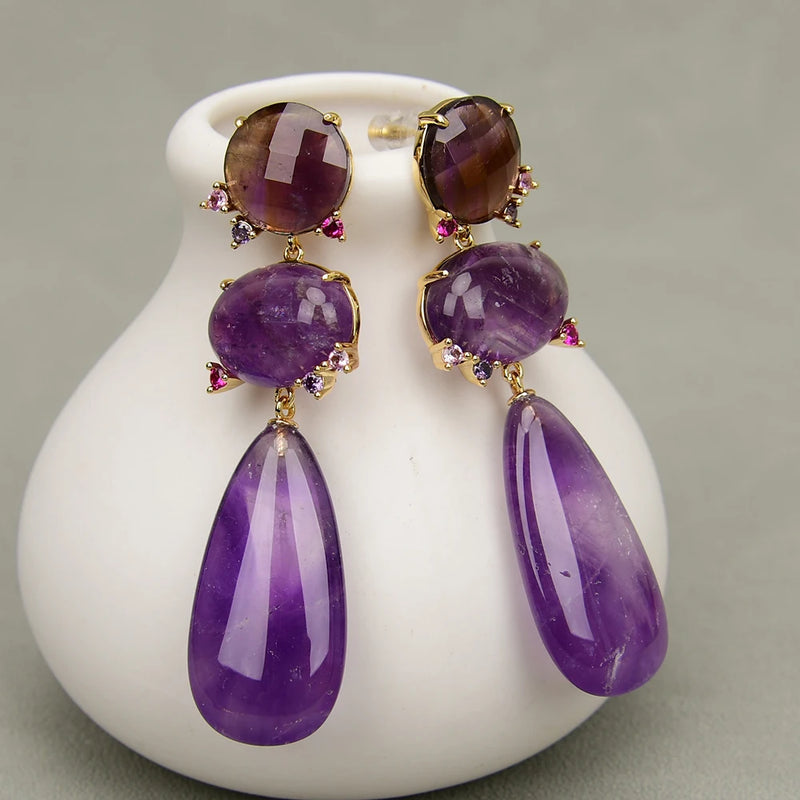 Gold Plated Purple Amethyst Quartz CZ Teardrop Earrings for Women