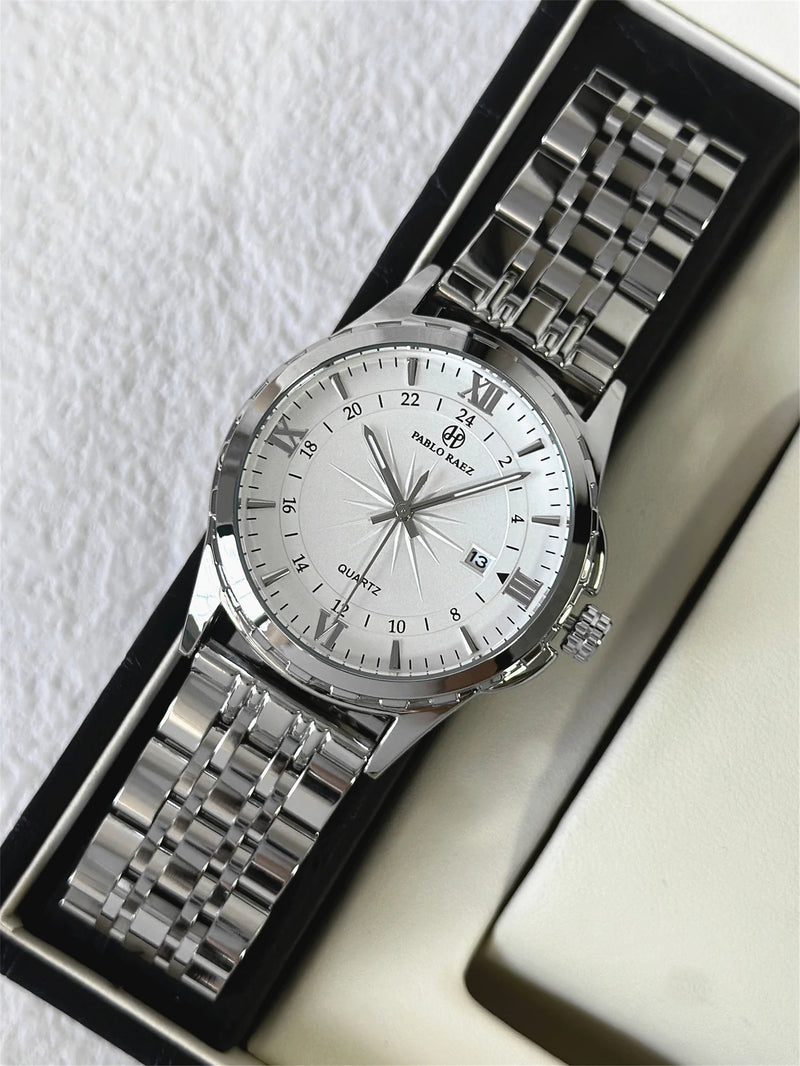 Luxury Silver Stainless Steel Wristwatch with Luminous Display and Waterproof Design for Men