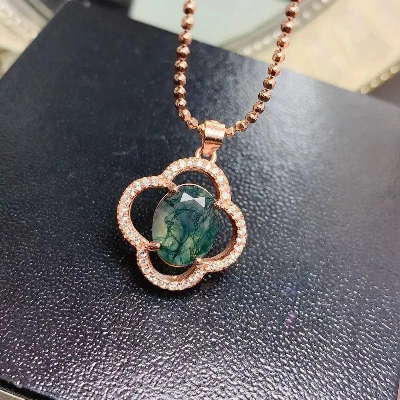 925 Sterling Silver Gold Plated Moss Agate Pendant Set for Women