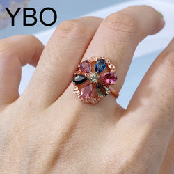 Sterling Silver Tourmaline Geometric Flower Adjustable Rings for Women