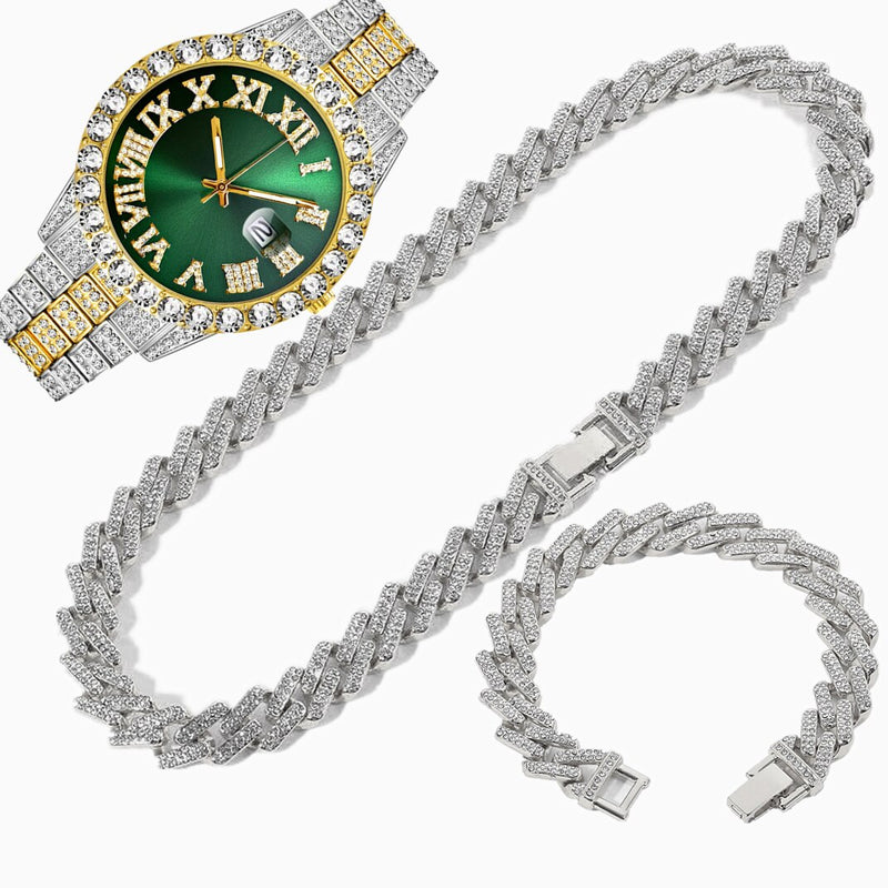 Gold Iced Out Watch with Cuban Chain Bracelet, Initial Necklace and Choker for Men