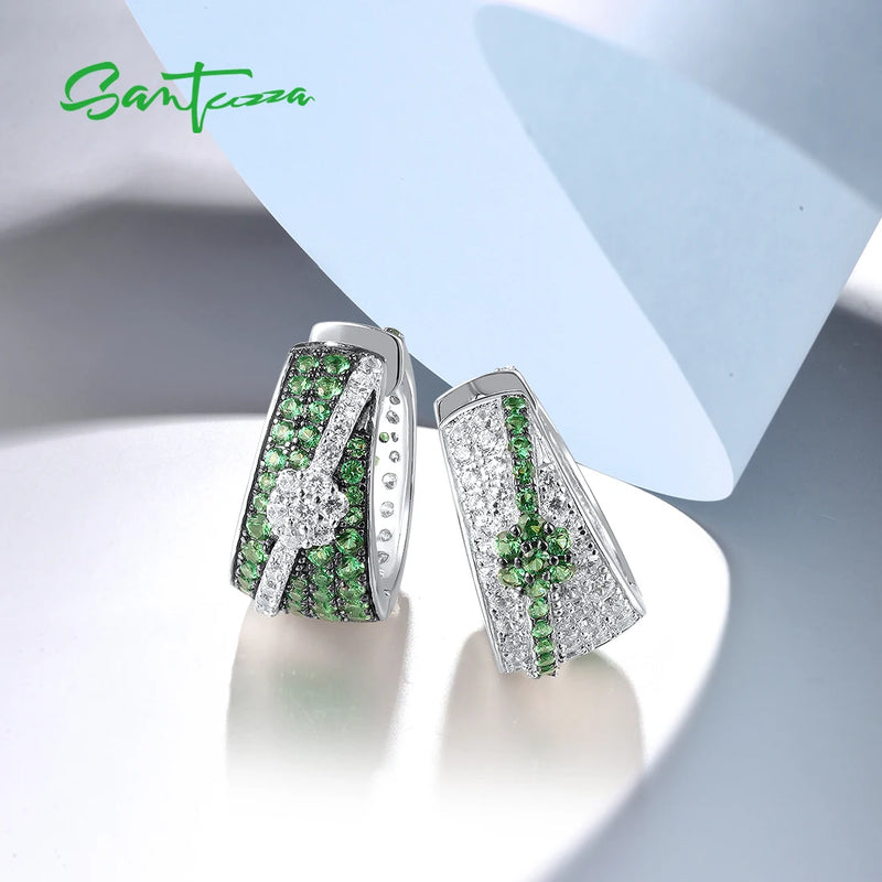 925 Sterling Silver Clip Earrings with White CZ and Green Spinel