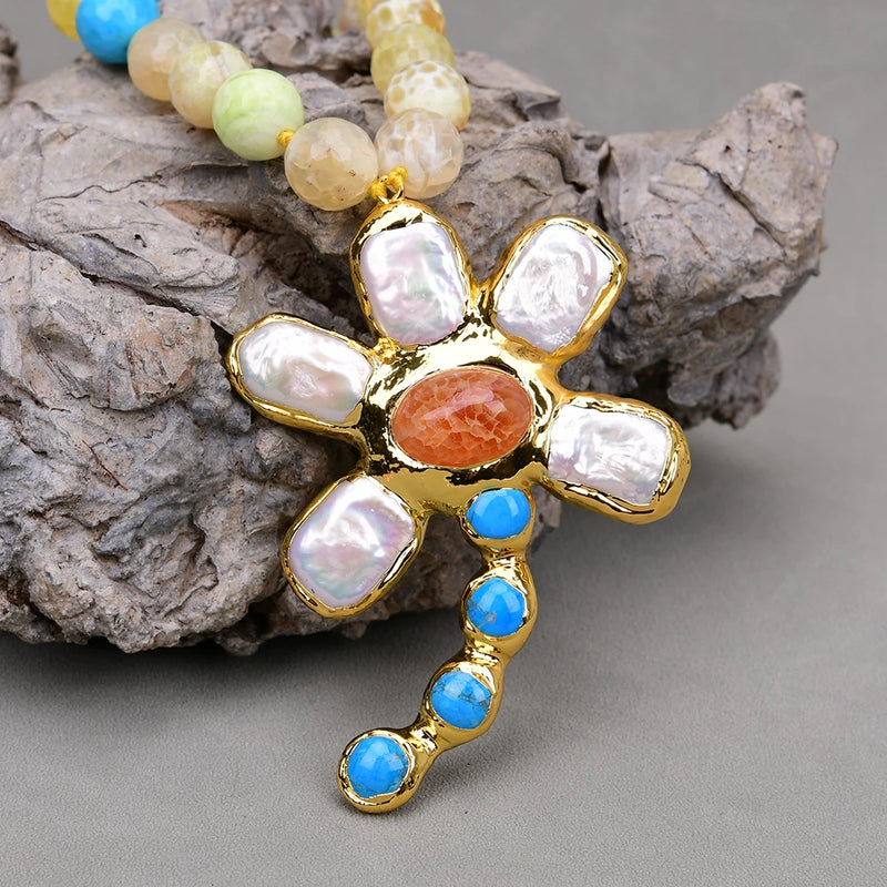 Gold Fire Agate Blue Turquoise Choker Necklace with Keshi Pearl Flower Pendant for Women