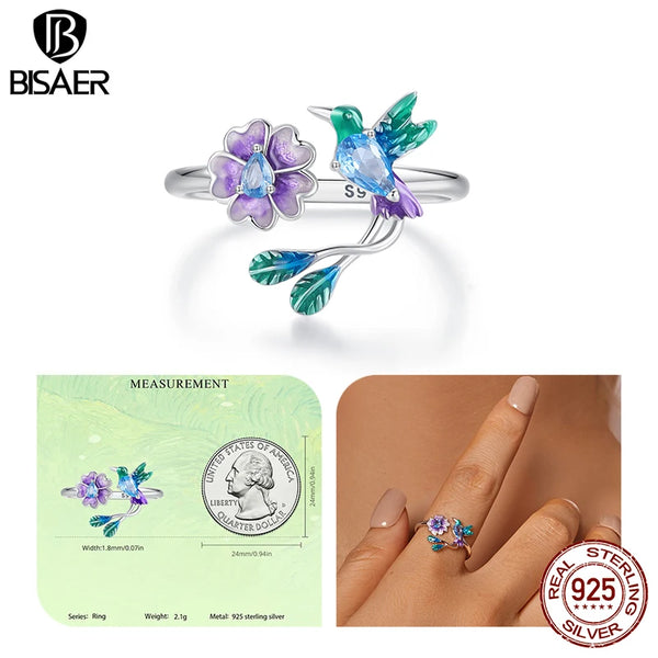 Sterling Silver Floral Bird Open Ring Flower Band, Adjustable Size 5-9, for Women