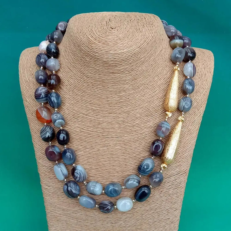 Gold Plated Botswana Sardonyx Agate Two Strand Necklace for Women