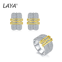 Sterling Silver Multi-Line Zircon Earrings and Ring Set for Women