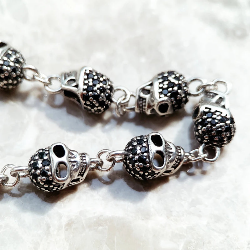 925 Sterling Silver Skull Pave Link Chain Bracelet for Unisex