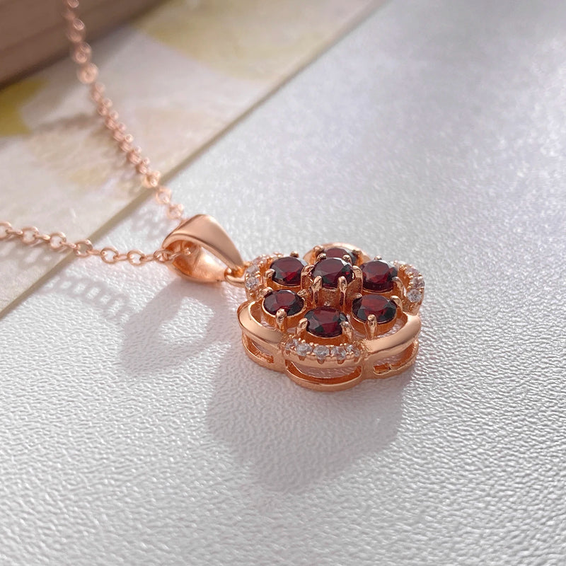 Rose Gold Plated Garnet Geometric Flower Pendant Necklace for Women