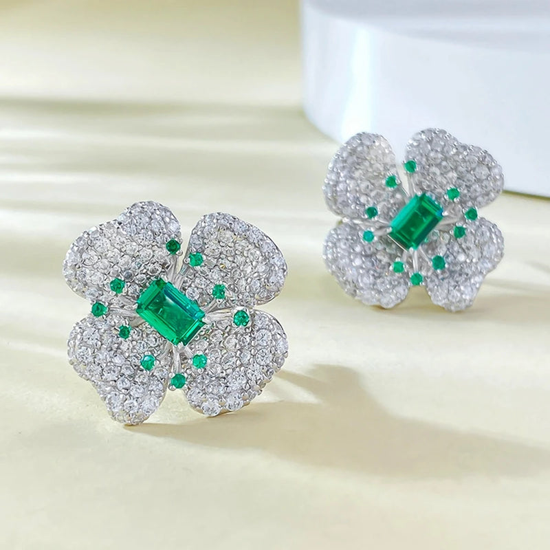 925 Sterling Silver Emerald & Diamond Flower Ear Studs with 4x6 mm Gemstones