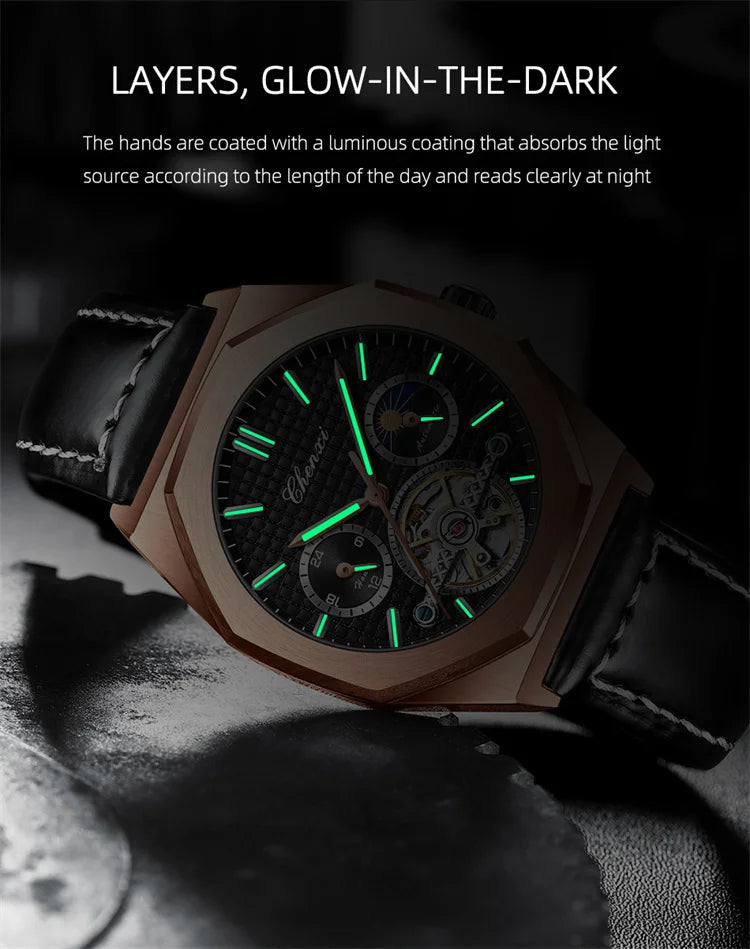 Stainless Steel Sun Moon and Stars Luminous Mechanical Watch for Men