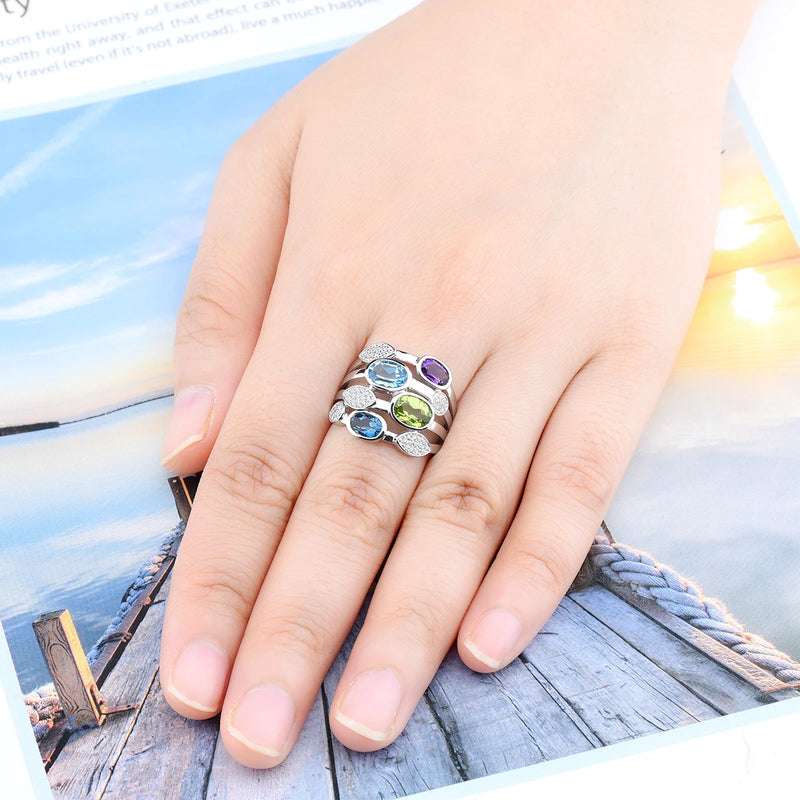 Solid Silver 4.2 ctw Blue Topaz Peridot Amethyst Ring for Women