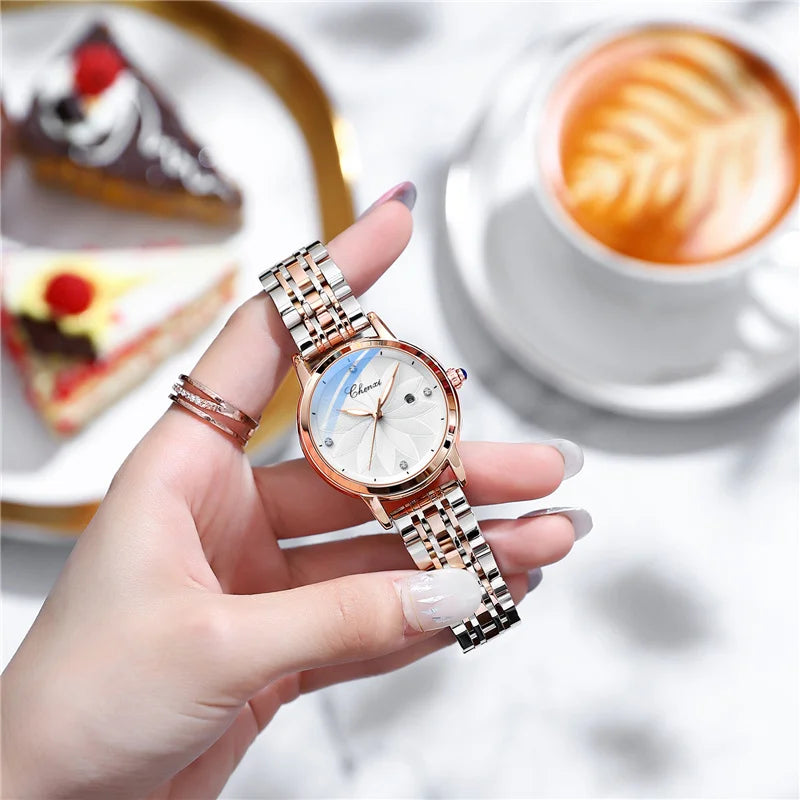 Stainless Steel Quartz Women's Watch with Flower Dial